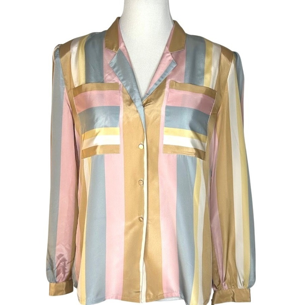 Lorenzo Vintage Pastel Striped Satin Blouse Button Down Pink Blue Gold Size 10
